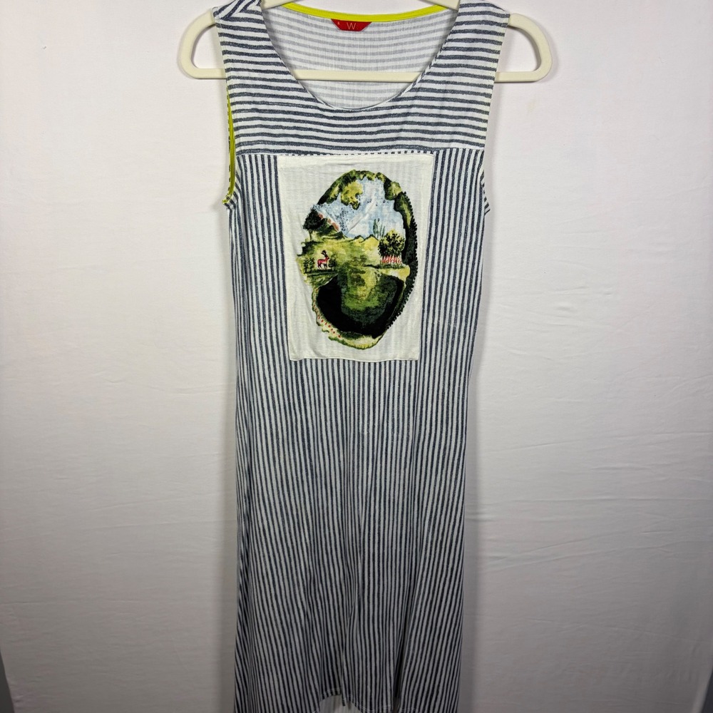 W for Woman Midi Dress Striped Scenic Graphic Art Indie Boho Artsy Eclectic Sz 6